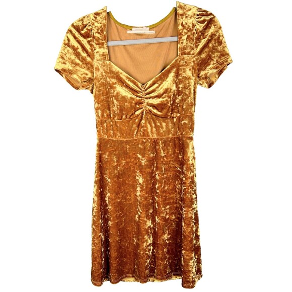 Urban Outfitters Maeve Crushed Velvet Mini Dress Yellow Sweetheart Short Slv S - Picture 2 of 13